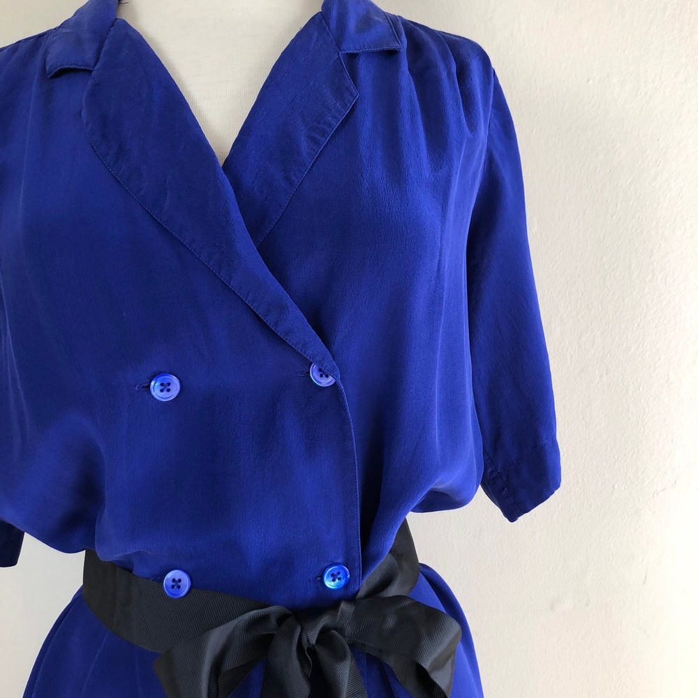 vintage 90s cobalt blue silk shirt dress midi double breasted minimalist - Picture 2 of 10